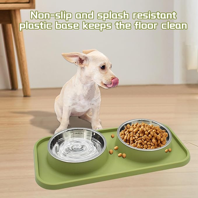 MUYG Double Dog Food Bowls Stainless Steel with No Spill Non Skid Silicone Mat Removable Dog Water and Food Bowls Set Durable Feeding for Small Dogs Puppy Cat Kitten(Green)