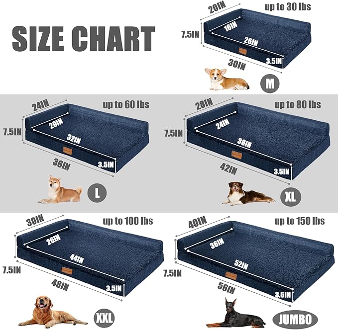 Patas Lague Orthopedic XL Dog Bed Large Sized Dog 48''X30'', Waterproof L Bolster Big Large Pet Sofa Beds with Removable Washable Cover, Soft Pet Couch Crate Mat with Nonskid Bottom, Navy Blue
