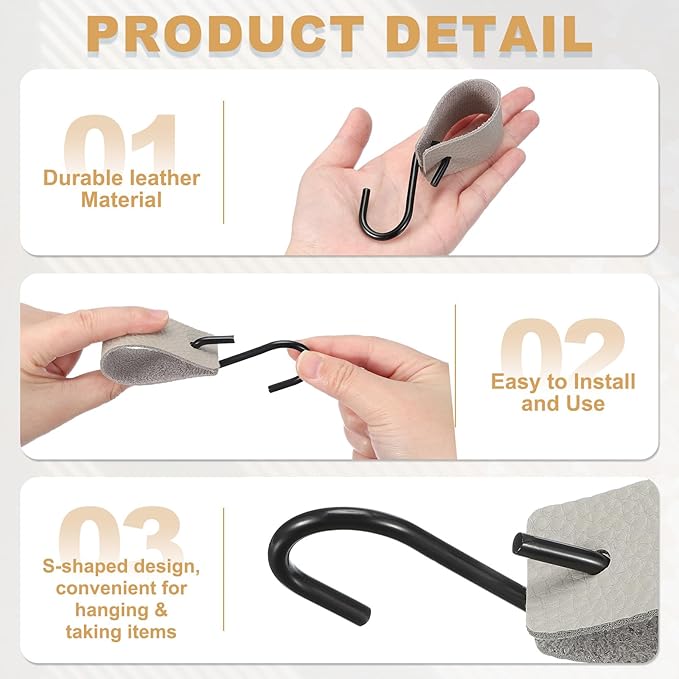uxcell 6 Pcs PU Leather S Hooks, Multifunctional S Shaped Hooks for Hanging Coat Towel Camping Kitchen Bathroom Handle, Gray