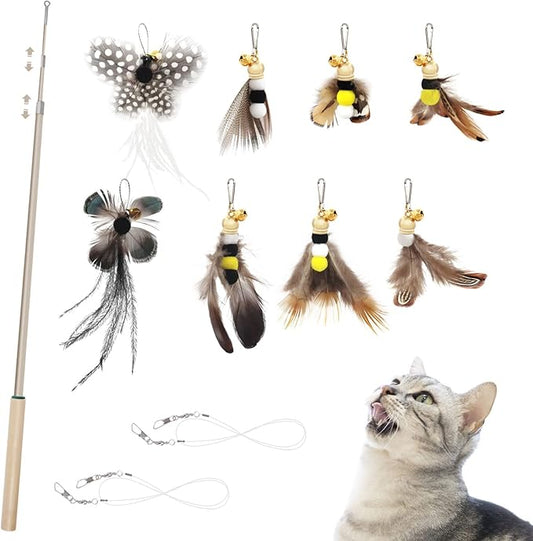 SONGWAY Cat Teaser Wand Toy - 9 Piece Retractable Set, Insect Worm Replacement Teaser with Bell, Interactive Cat Toy for Indoor Kittens