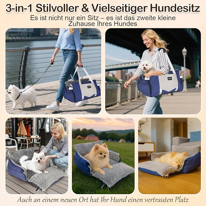 Dog Car Seat for Small Dogs with Extension Zone, Portable Washable Travel Bed for Pets up to 30 lbs, Booster Seat for Front Seat & Camping, Includes Harness Clip – Blue