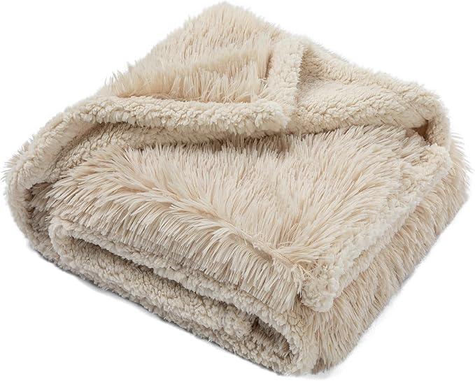 Wowchine Calming Dog Blanket,Waterproof Long Faux Fur Pet Blankets for Medium Puppy Cat Reverible Sofa Couch Covers Washable Pets Ded Cover Cream S-40x28in