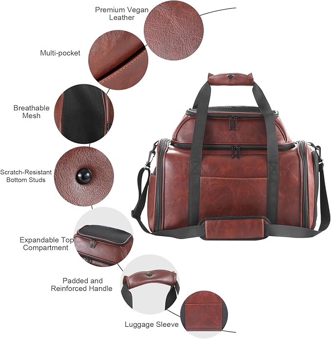 Bosnanller Premium Leather Top Expandable Pet Carrier for Small Dogs & Cats Under 15 lbs, Airline Approved Collapsible Soft-Sided Luxury Travel Bag Coffee