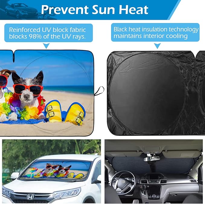 IC ICLOVER Windshield Sun Shade Funny for Car SUV Truck, 240T Polyester Blocks Heat and Sun, Foldable UV Ray Reflector Front Window Sun Shade Visor Shield Cover - 59inchx33inch (Dog with Glasses)