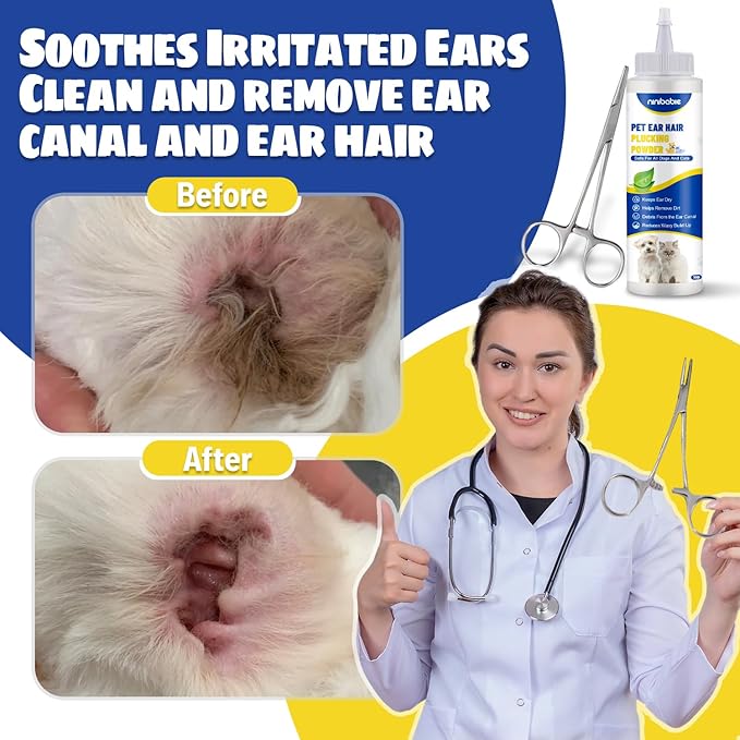 Upgraded Dog Ear Powder with 5.5 Inch Hair Removal Tool, Pet Ear Grooming Cleaner for Wax and Odor Control, Absorbs Moisture & Soothes Ears