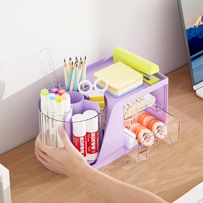 Marbrasse Desk Organizer with 2 Drawer, 360°Rotating Pen Holder, Desk Organizers and Accessories with 6 Slots Pencil Holder + 2 Drawer, Art Supply Storage Box Caddy for Office (Purple)