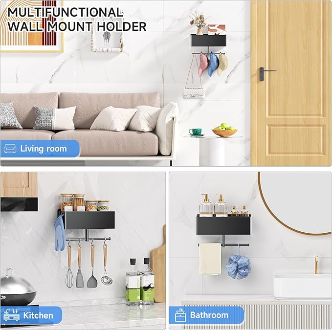 Dog Leash Holder for Wall, Dog Leash Hooks, Pet Stuff Organizer with Shelf Storage, Metal Key Holder, Leash Hangers Organizer Rack for Pet Collar, Toys, Treats, Poop Bag (Black)