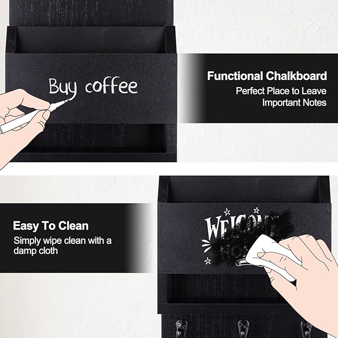 Key and Mail Holder for Wall, Key Holder with Chalkboard and Long Storage Box, Key Hanger with 3 Sturdy Hooks for Coat, Dog Leash, Entryway Mail Organizer (Black)