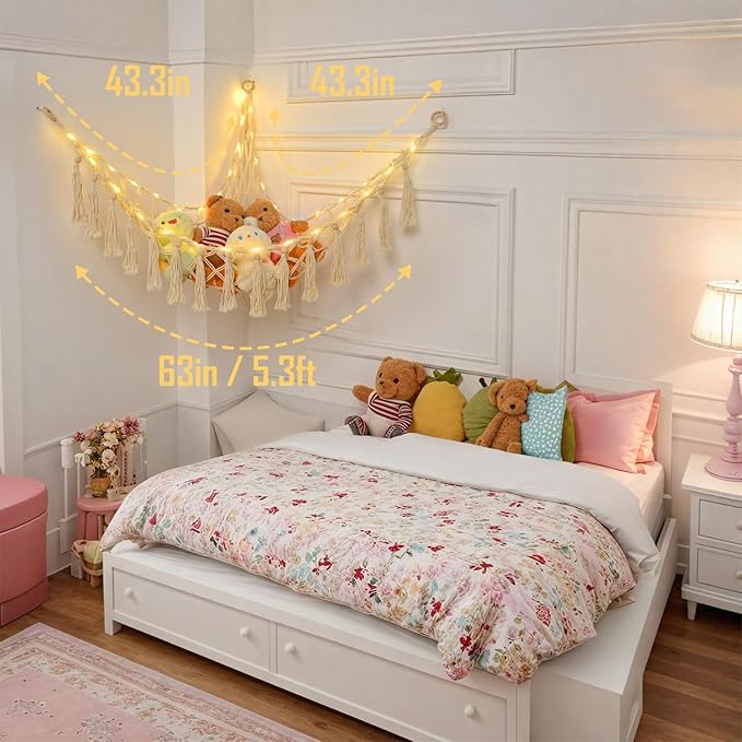 Stuffed Animal Hammock with 88LEDs, 63in Extra Large Toy Storage Macrame Hammock, Hanging Toy Net for Kids Bedroom Doll Room Corner Organizer, USB Plush Toys Net with Remote(Beige, XXL)