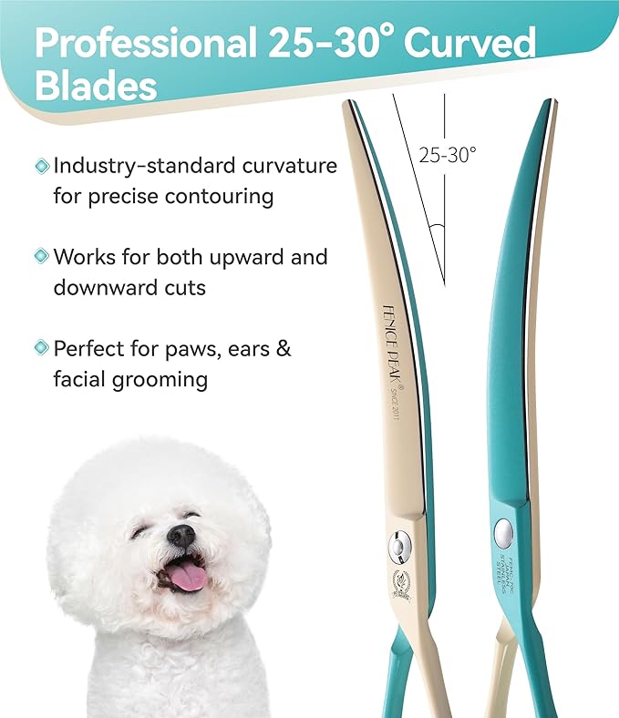 Fenice Peak Curved Dog Grooming Scissors with Coating 440C Stainless Steel, 7 inch Professional Curved Shears Dog Grooming，25 Degree of Curved Blade，Pet Shear for Trimming Face and Paws, Green & White