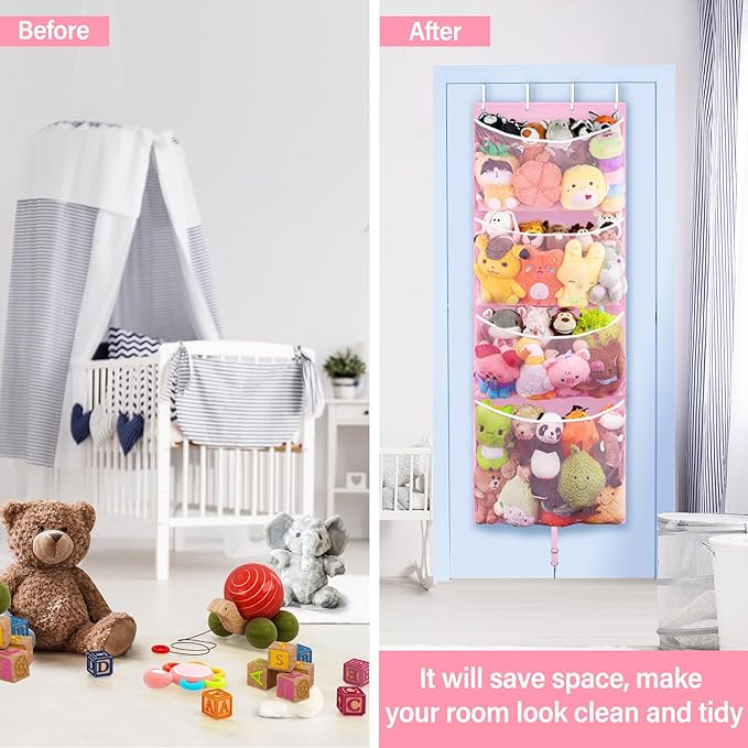 Hanging Stuffed Animal Storage, Over Door Large Plush Toy Organizer with Metal Hook, Baby Accessory Holder Idea for Nursery, Doll & Bear Mesh Hammock Bag for Girl Boy Kid Room