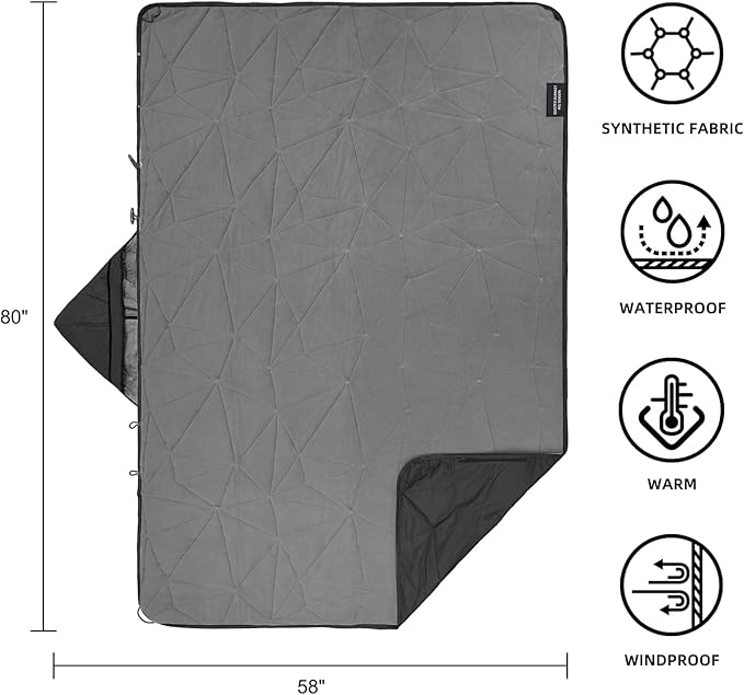 KawaGebo Kamp Outdoor Waterproof Blanket, Foldable Fleece Stadium Blanket for Outdoor Sports Event, Camping, Car, Pet, Picnics - Windproof, Wearable, Machine Washable 80" x 58" (Black Gray,Hooded)