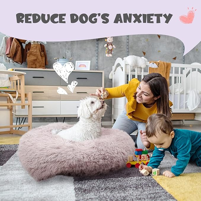 Himax Donut Dog Beds for Large Dogs with Blanket, Cozy Soft Fluffy Round Dogs Beds, Calming Dog Bed Washable (20"/26"/35") Light Grey