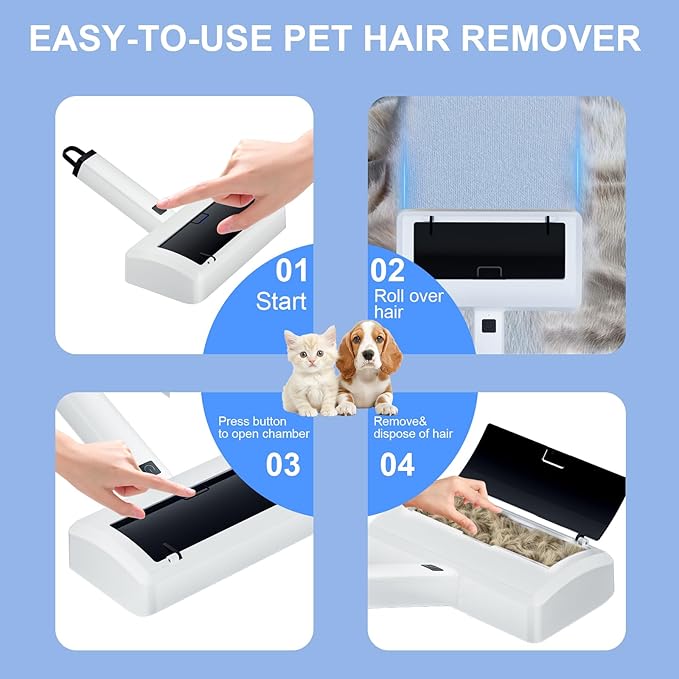 Electric Pet Hair Remover for Dogs & Cats, Rechargeable Lint Roller with Adjustable Handle, Portable Hair Cleaner for Sofa, Carpet, Bed, Car, Multi-Surface Fur Removal Tool (White, Electric)