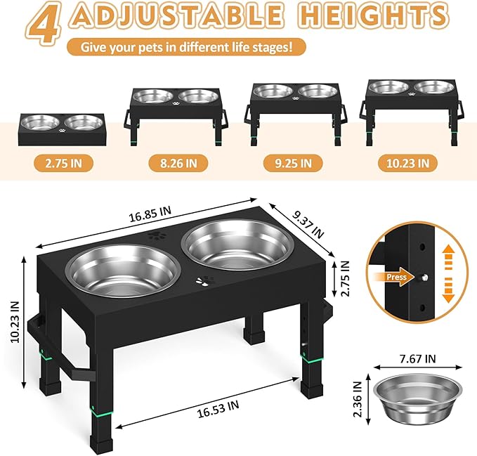 Metal Elevated Dog Bowls Stand Large Breed, Height Adjustable Raised Dog Bowls Holder with 2 Stainless Steel Food Bowls for Small, Medium and Large Canine