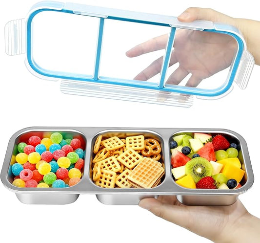 Snack Containers, Stainless Steel Snackle Box Leakproof 3-Compartment Metal Bento Box with Airtight Lids, Reusable Food Storage Container for Lunch, Travel, Picnics, and Office