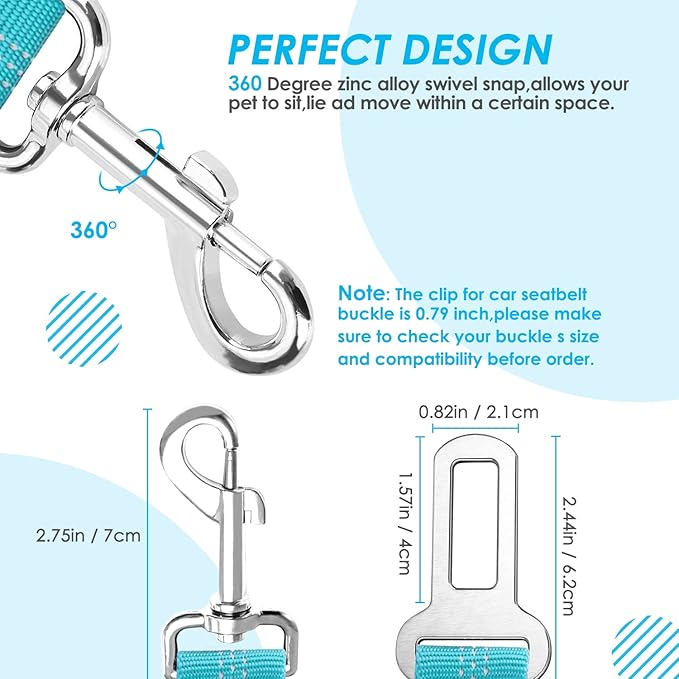 SlowTon Dog Seat Belt, Double Dog Seatbelt Adjustable Vehicle Safety Leash with Elastic Bungee Buffer, Reflective No Tangle Y Shape Two Dog Harness Seat Belt Splitter for Pets Car Trip (Mint Blue, M)