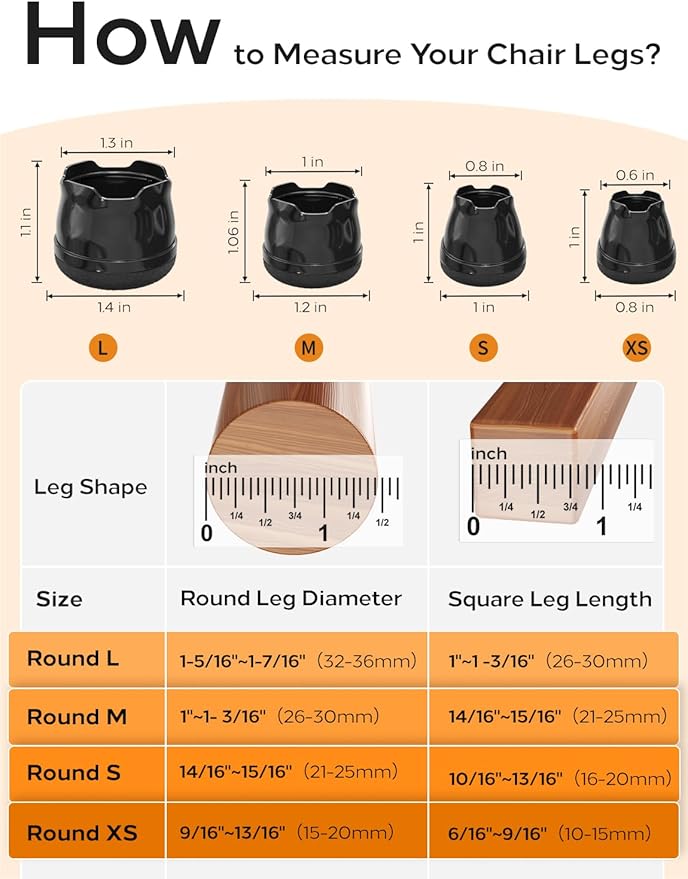 24-Pack Silicone Chair Leg Floor Protectors for Hardwood Floors -Felt Furniture Pads, Rubber Chair Leg Covers/Caps - Noise Reducing & Scratch-Proof - Round XS (Fits 9/16"-13/16" / 15-20mm), Black