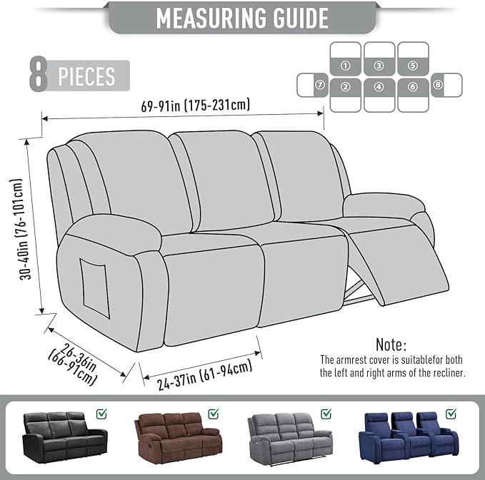 TAOCOCO Recliner Sofa Covers 8-Pieces Stretch Large Couch Covers for 3 Seats Reclining Slipcovers Soft Jacquard Pattern Furniture Protector (Dusty Grey)
