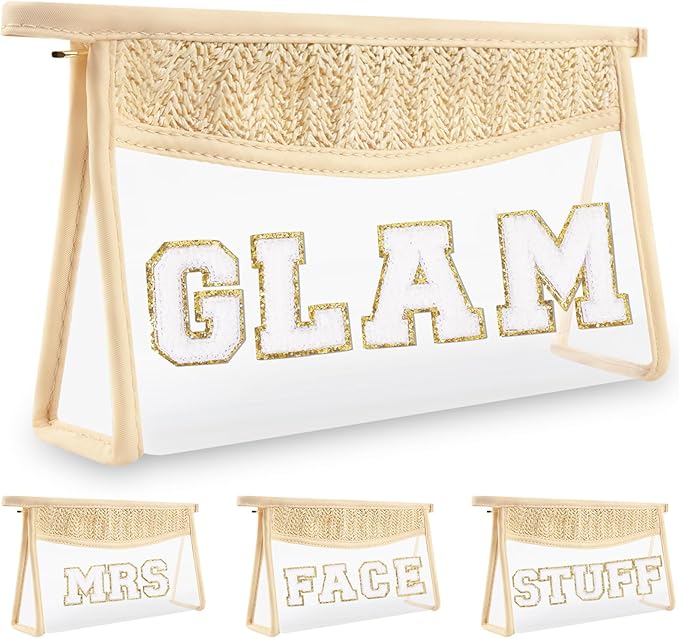 Boho Clear Makeup Letter Patch Makeup Bag GLAM Pouch, Clear Toiletry Bags Travel Small Cute Chenille Letter Cosmetic Zipper Pouch Purse, Transparent PVC Waterproof Make Up Storage for Women Girl(GLAM)