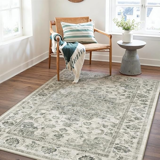3x5 Washable Neutral Area Rug Green Vintage Entryway Office Carpet Non-Slip Soft Low Pile Farmhouse Throw Rug for Entrance Living Room Bathroom Dining Room