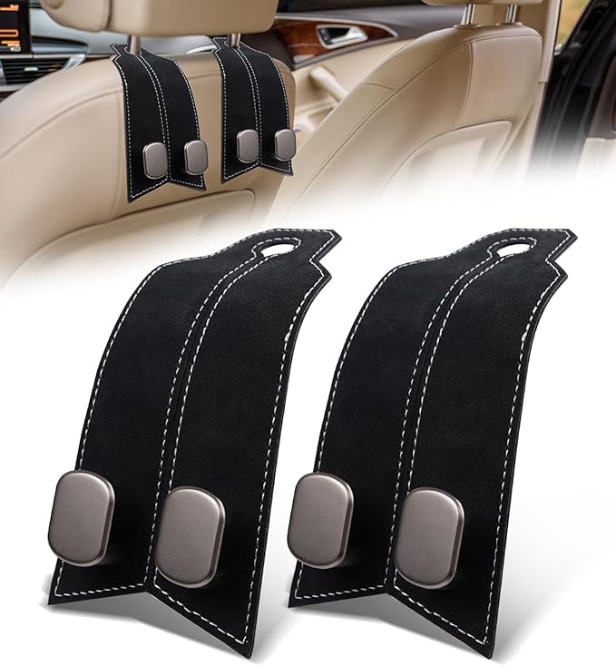 Purse Hook for Car, Car Hooks for Headrest Car Seat Hooks Purse Hanger for Car 100% Metal & Premium Leather 2025 Latest Car Organization Accessories for Bags, Purses, Phones etc (Black 2Pcs)