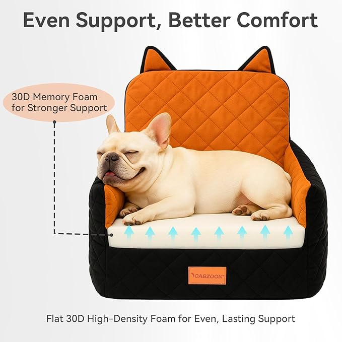 CABZOON Dog Car Seat for Small/Medium Dogs Up to 35lbs,Elevated Cushion Fits in Front/Back Seat,Travel Safety Per Car Bed with Washable Removable Cover, Storage 2 Pockets Black-Orange