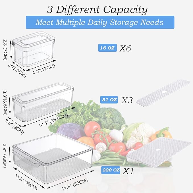 10-Pack Clear Fridge Organizer Bins with Lids, Stackable Refrigerator Storage Containers, BPA-Free with Drain Tray & Anti-Slip Base for Fruits, Veggies, Drinks