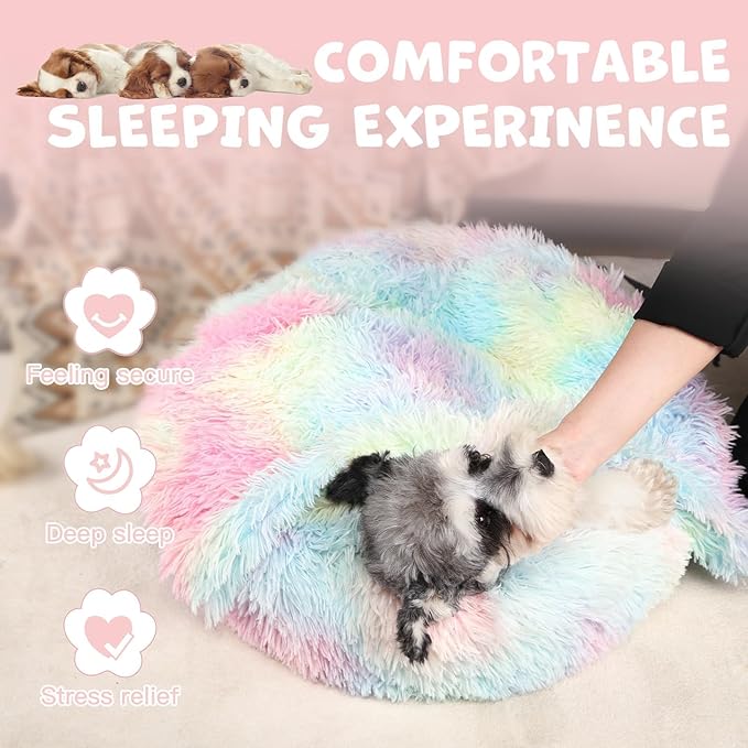 Himax Dog Beds for Large Dogs, Donut Dogs Beds with Blanket Attached, Calming Round Dog Bed Washable(20"/26"/35") Multicolor