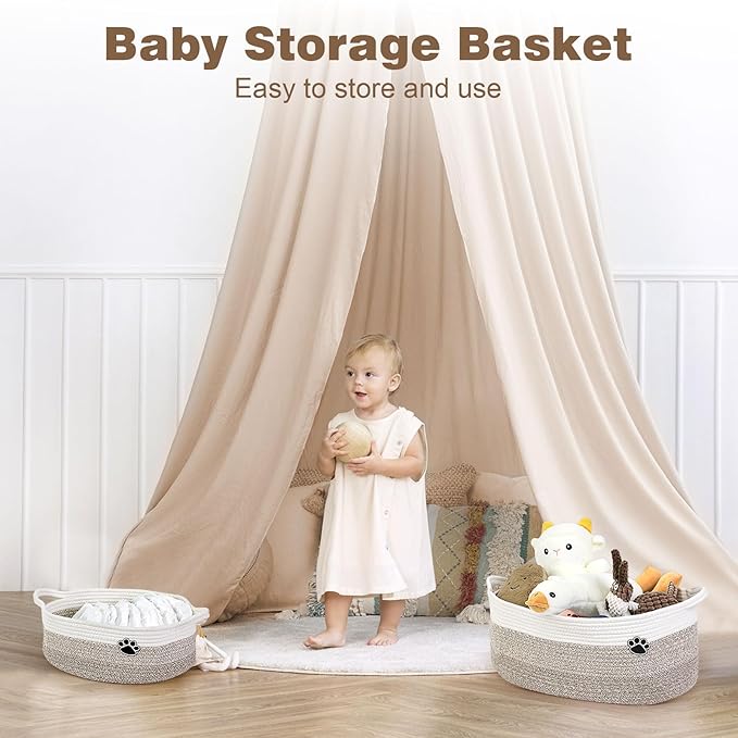 Dog Toy Easter Basket, Toy Box and Bin for Dog Cat Storage, 13.5" X 11" X 5" Small Woven Rope Basket for Baby Storage, Closet, Living Room, White & Brown