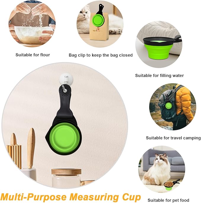 PNEUICALLY Collapsible Dog Food Scoop Foldable Pet Food Bag Clip 3 in 1 Multi-function Silicone Cat Food Measuring Cup Scoop Dog Food Scooper Pet Food Storage Clip (Green, 1 Cup Capacity(1 Pack))