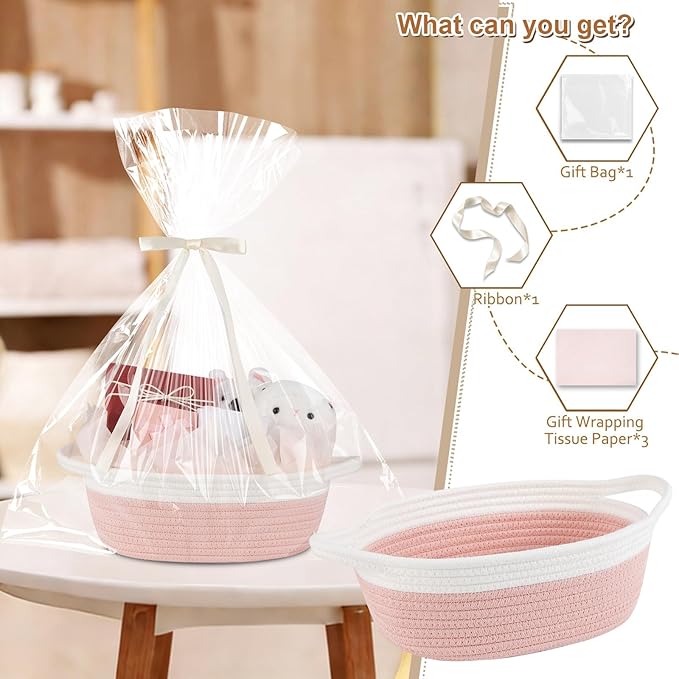 OIAHOMY Gift Basket Empty with Handle, 12"x 8"x 5" Small Woven Basket with Gift Bag, Ribbon and Wrap Tissue Paper, Dog Toy Storage for Organizing - Dusty Pink & White