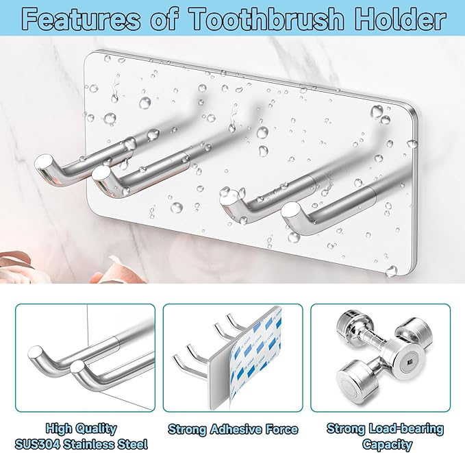 Toothbrush Holder Wall Mounted, Electric Toothbrush Head Holder SUS304 Stainless Steel Toothbrush Holders for Bathroom, Kids Tooth Brushing Holder Self Adhesive Toothbrush Organizer, Shower Hooks
