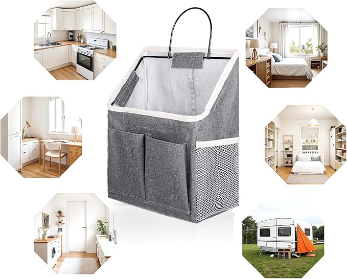 3pcs Wall Hanging Organizer Bag, Linen Fabric Door Hanging Storage Basket with Pockets, Waterproof Bin for Kitchen Bedroom Bathroom Office RV Camper, Gray