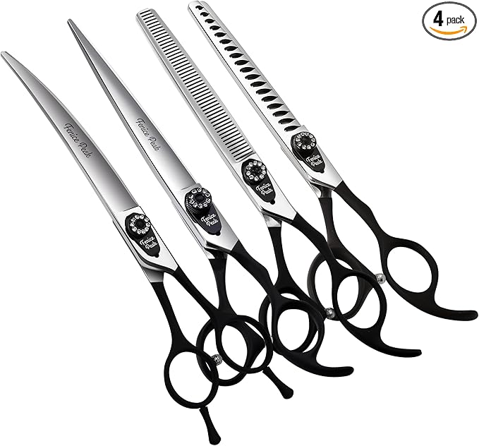 Fenice Peak 8.0'' Professional Dog Grooming Scissors Set with Black Non-Slip Handle 440C Stainless Steel Straight Thinning Curved Chunker Shears 4pcs Set for Pet Grooming Services