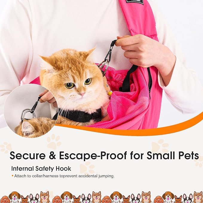 Pet Sling Carrier for Small Dogs and Cats 5-20lbs, Dog Sling with Adjustable Depth, Breathable Air Mesh Puppy Travel Bag, Water Resistant Fabric, Double Safety Leash, Machine Washable,Fuchsia