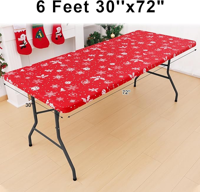 misaya Rectangle Vinyl Tablecloth, Fitted Table Cover, 100% Waterproof, Elastic Edge, Flannel Backing, Plastic Table Cloth Fit 6 Foot Folding Tables for Christmas Dinner (Bells, 30x72 inch)