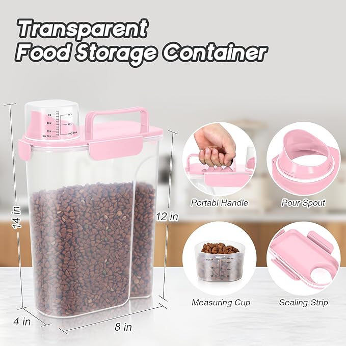 LEAWALK 3+5Lbs 2Pack Small Cat Dog Food Storage Containers BPA Free, Airtight Pet Food Storage Containers with Large Pour Spout/1 Measuring Cup/ 4 Safety Locks and Double-Layer Silicone Strip (Pink)