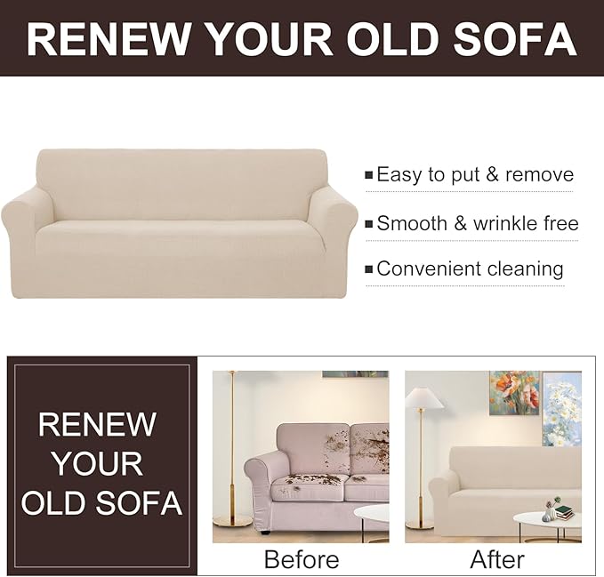 U-NICE HOME 4 Seater Stretch Couch Cover Sofa Cover Washable Sofa Slipcover Furniture Protector for 3 Cushion Couch Sofa Pet Friendly, Beige
