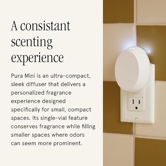 Pura Mini Smart Fragrance Diffuser for Small Spaces Adjustable Smart Home Device with LED Light & Automatic Vial Detection - Includes 1 Scent Refill; Lemon