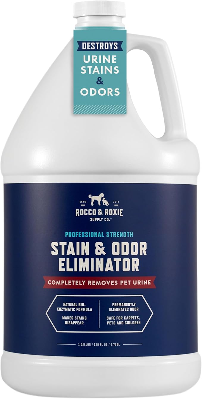 Rocco & Roxie Supply Co. Stain & Strong Odor Eliminator, Enzyme Cleaner, Pet Odor Eliminator for Home - Carpet Stain Remover for Cats & Dog Pee - Urine Destroyer - Carpet Cleaner Spray, 1-Gallon