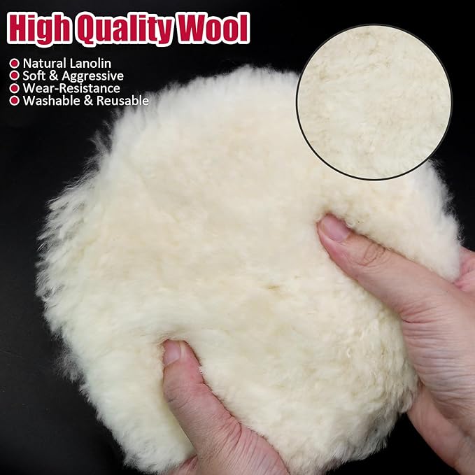 PHITUODA 10 Pcs Wool Polishing Pad 3 Inches Soft Sheepskin Buffing Pads with Hook and Loop Back for Compound Cutting & Polishing for Automotive, Marine, Furniture