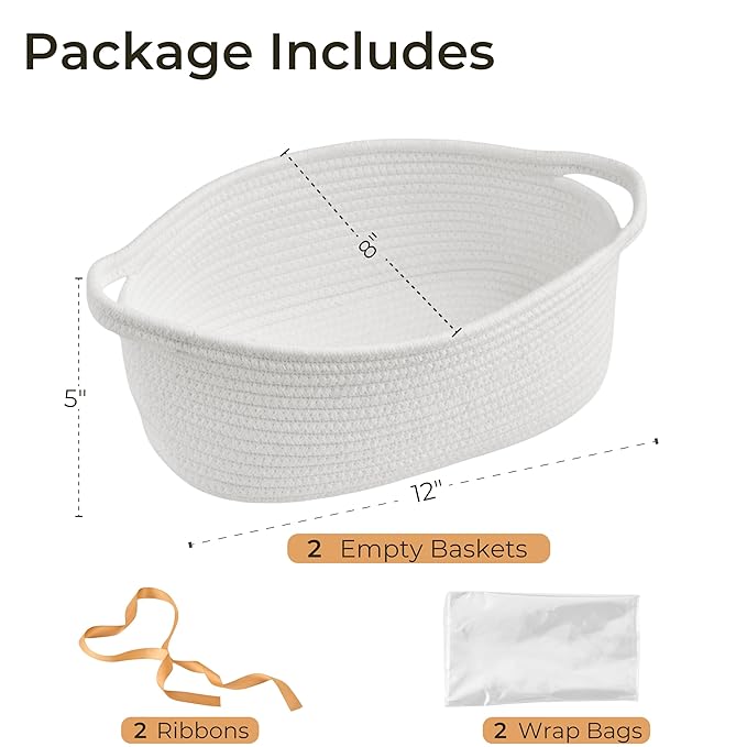 Small Woven Gift Basket Empty with Bag & Ribbon - Gifts for Mom, Baby Shower, Birthdays & Raffle - Cotton Rope Storage Basket for Dog Toys or Shelf - 12"x8"x5", Easter White, 2 Packs