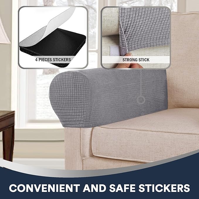 Spandex Jacquard Arm Covers for Chairs and Sofas - Anti-Slip Couch Armrest Protectors, Set of 2, Light Grey