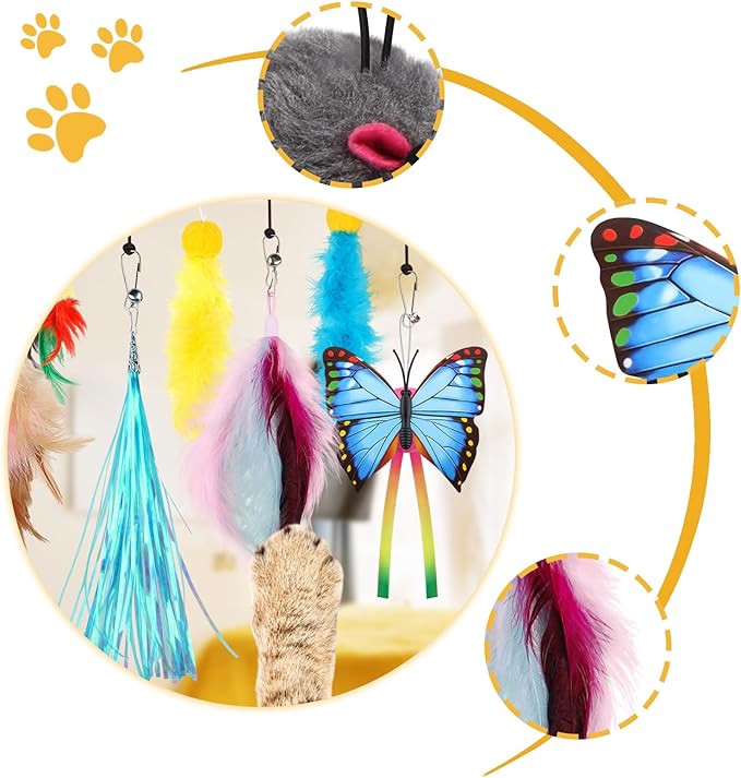 Cat Toys Replacement Cat Toy Wand Refills, 12 Pcs Cat Feathers Refill, Cat Toy Mouse Cat Wand Refill Attachments for Indoor Cats