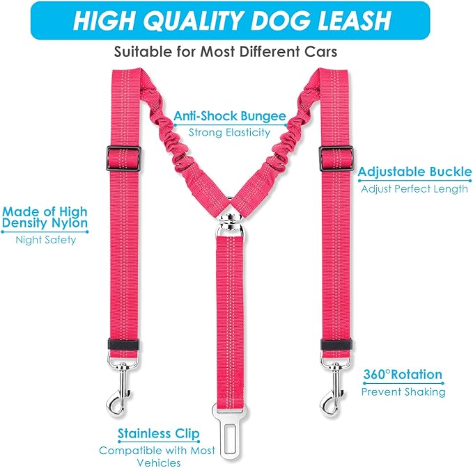 SlowTon Dog Seat Belt, Double Dog Seatbelt Adjustable Vehicle Safety Leash with Elastic Bungee Buffer, Reflective No Tangle Y Shape Two Dog Harness Seat Belt Splitter for Pets Car Trip (F-Pink, S)