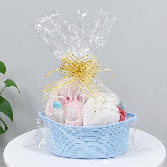 ABenkle Small Basket with Handles - Decorative Durable Rope Woven Storage Bin Shelf Storage Organizer Cube, Easter Baby Gift Basket, 12"x8"x5", Blue