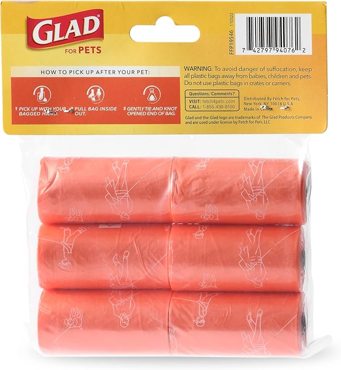 Glad for Pets Large Dog Waste Bags, Scented, Tear-Resistant, 6 Rolls | Heavy Duty Poop Bags for Fast and Easy Waste Cleanup | 6 Rolls, 90 Bags Total (Pack of 2)