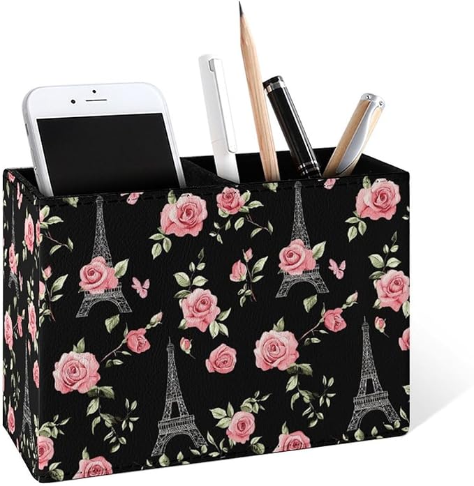 Famame White Line Eiffel Tower Rose Pencil Holder for Desk, Leather Desktop Container Pen Cup Storage Study Table Pen Organizer Makeup Brush Holder for Classroom Office Home