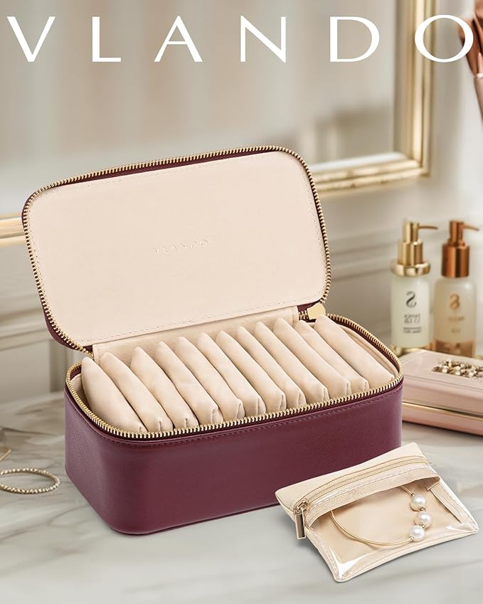 Vlando Jewelry Travel Case,Travel Jewelry Organizer with Clear Velvet Jewelry Bags 12Pcs Zipper Pouch for Women Gifts for Friends Sister-Red